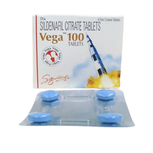 Vega 100mg Sildenafil Citrate film coated tablets, 4-tablet blue blister pack, available at Intimacare Pakistan